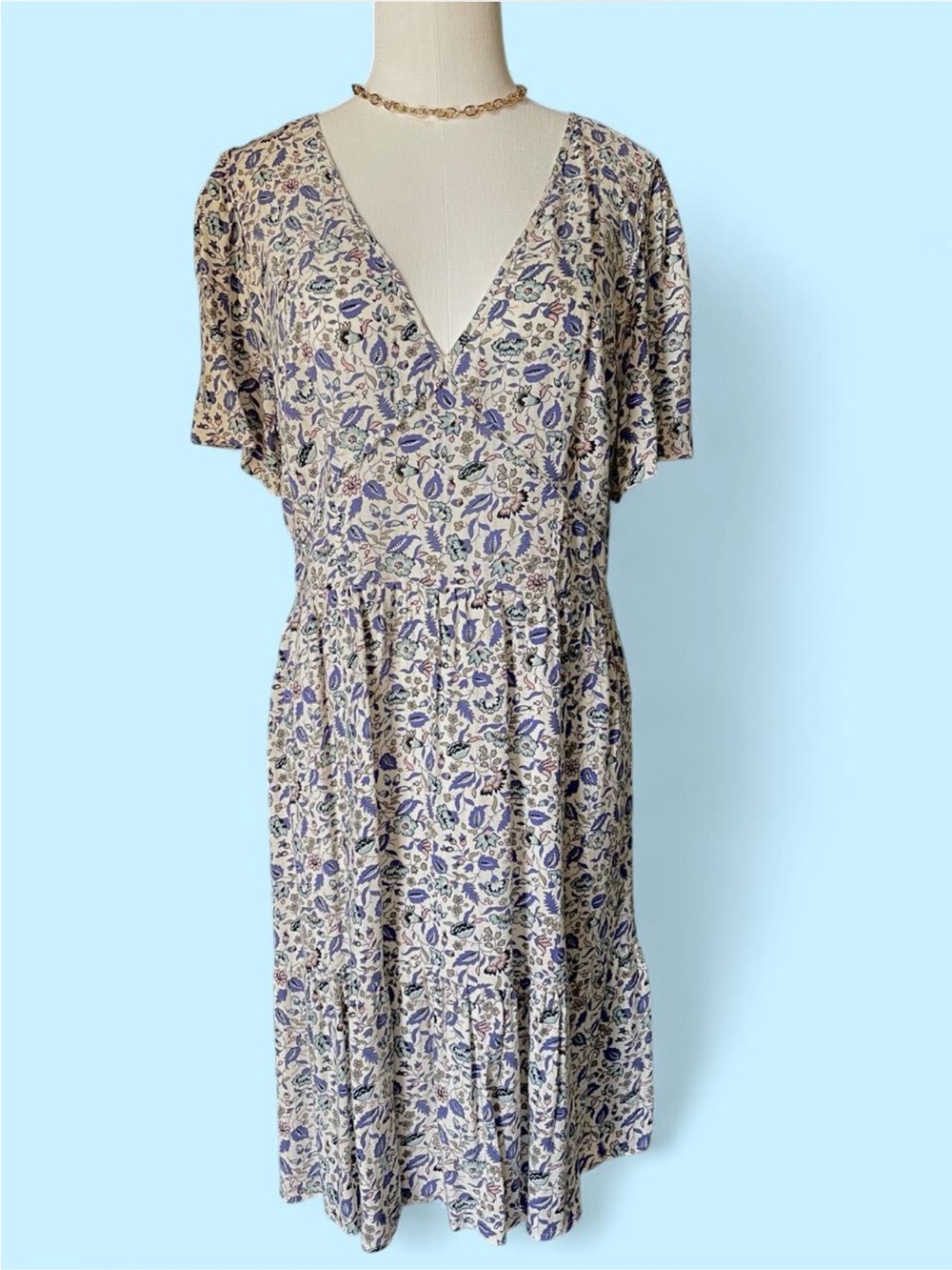 White Dress with Blue and Green Floral Print